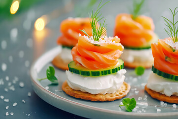 Delicious salmon appetizers elegantly arranged on crackers topped with creamy cheese, cucumber slices, and fresh dill, perfect for a festive gathering or special occasion