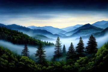 Naklejka premium Misty mountain landscape with evergreen trees and soft light at sunrise.