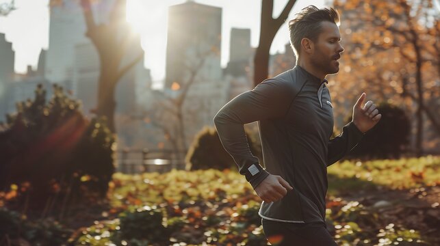 A businessman jogging in a city park, wearing smart fitness gear that monitors his health metrics and displays real-time workout progress on a digital wristband. - Powered by Adobe