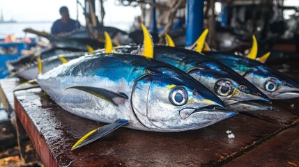 Three large fish are on a wooden table