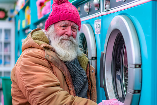 An older man in a winter outfit doing laundry at a colorful launderette, engaging in everyday chores on a chilly day while enjoying the atmosphere - Powered by Adobe