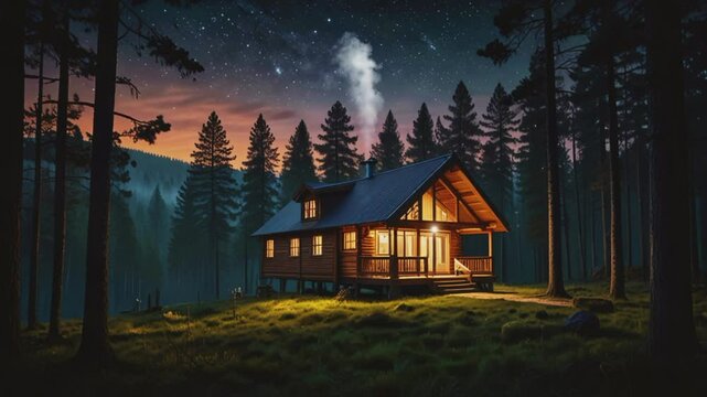Wooden stilt house in the forest, seamless 4K virtual video animation background