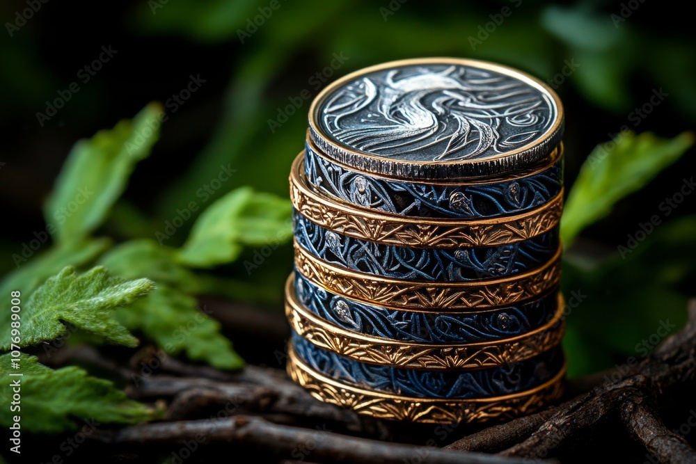 Poster A dark, gothic coin stack with intricate designs, surrounded by shadows and mysterious elements