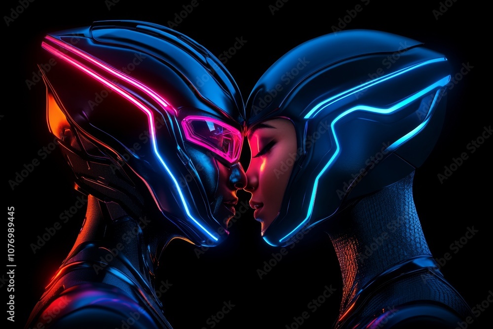 Poster A futuristic digital rendering of two robotic faces sharing a kiss, with neon lights and metallic textures