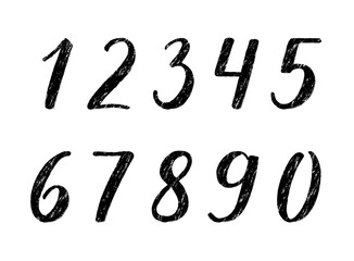 Number 1, 2, 3,  4, 5, 6, 7, 8, 9, 0 handwritten lettering modern brush calligraphy. The effect of brush painting. Black digits with thick and thin lines on white background.