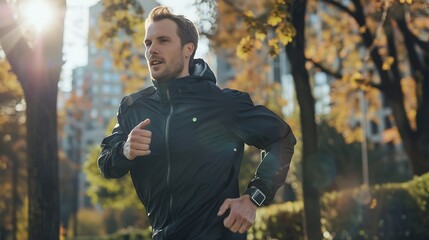 A businessman jogging in a city park, wearing smart fitness gear that monitors his health metrics and displays real-time workout progress on a digital wristband.