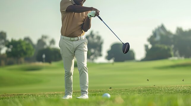A businessman on a golf course, using a smart golf club equipped with sensors that analyze swing mechanics and display real-time performance metrics on a digital wristband.