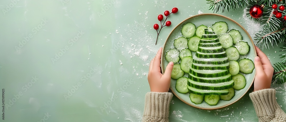 Poster a shot of a cucumber christmas tree in a plate with a child's hand gripping it is shown from above a