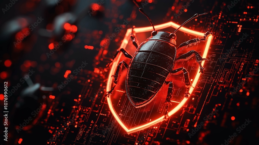 Poster digital artwork of a black bug on a shield representing cybersecurity threats in a technological env