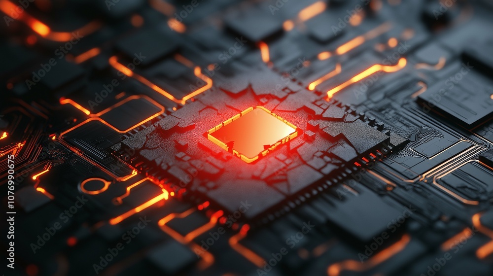 Poster abstract image of a glowing microchip on a circuit board, showcasing intricate details of technology