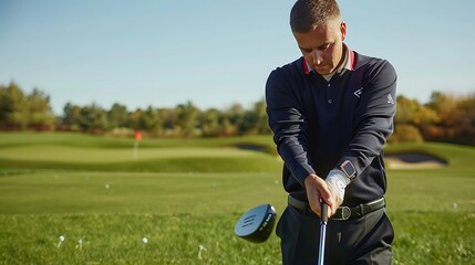 A businessman on a golf course, using a smart golf club equipped with sensors that analyze swing mechanics and display real-time performance metrics on a digital wristband.