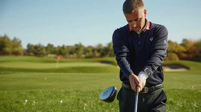 A businessman on a golf course, using a smart golf club equipped with sensors that analyze swing mechanics and display real-time performance metrics on a digital wristband.