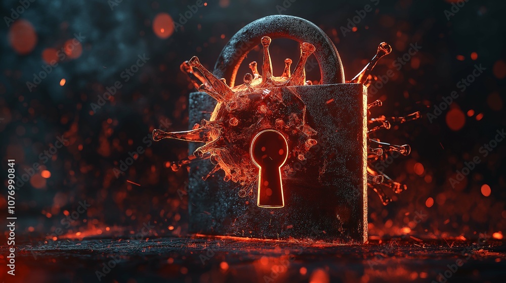 Aufkleber virus lock concept with padlock and coronavirus particles representing security and health challenge