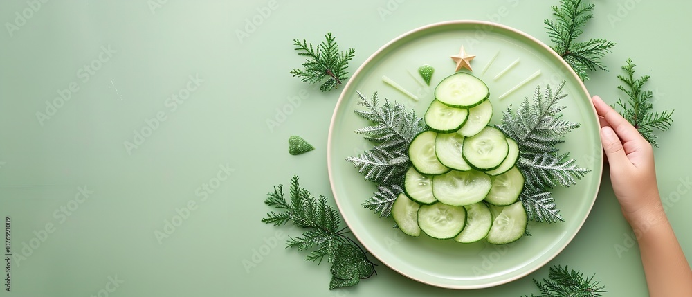 Poster a shot of a cucumber christmas tree in a plate with a child's hand gripping it is shown from above a