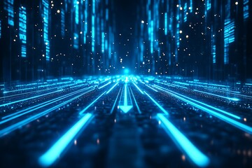 Futuristic raise arrow chart digital transformation abstract technology background. Big data and business growth currency stock and investment economy