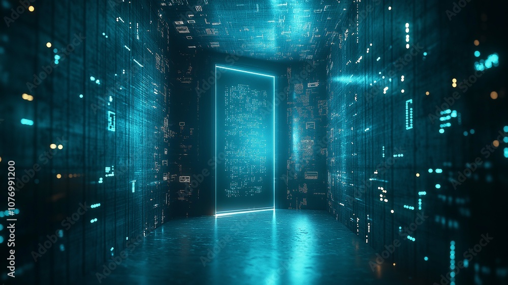 Poster futuristic corridor with glowing digital data streams leading to an illuminated doorway representing