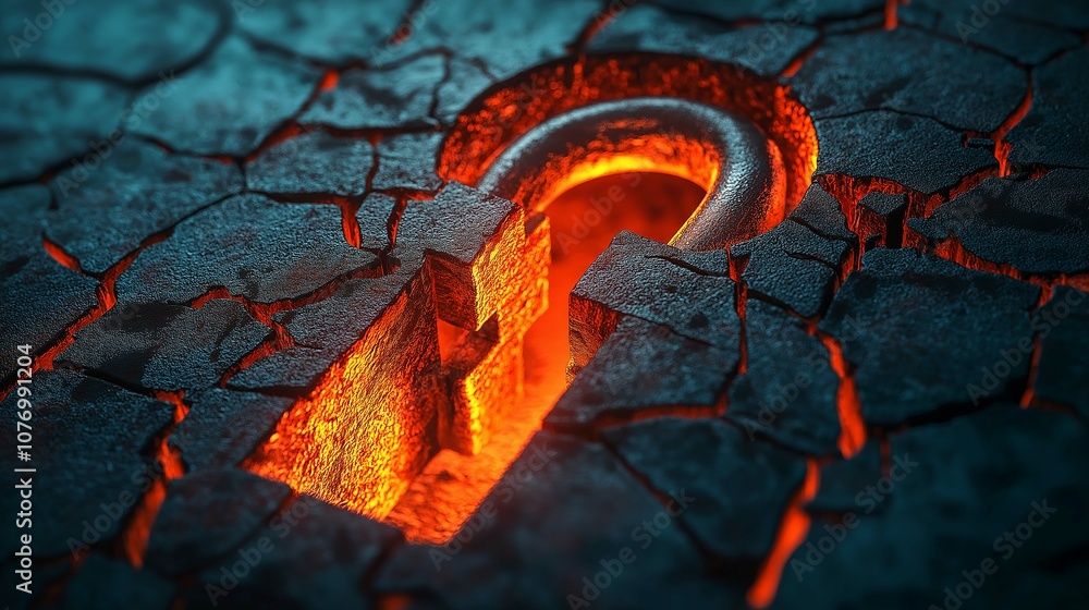 Poster abstract representation of a glowing keyhole in cracked earth, symbolizing secrets, discovery, and a