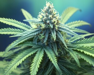 Botanical Beauty Close-up of Marijuana Bud with White Pistils and Lush Green Leaves in Serene Turquoise Background - Tranquil Cannabis Macro View for Nature, Health, and Education Concepts