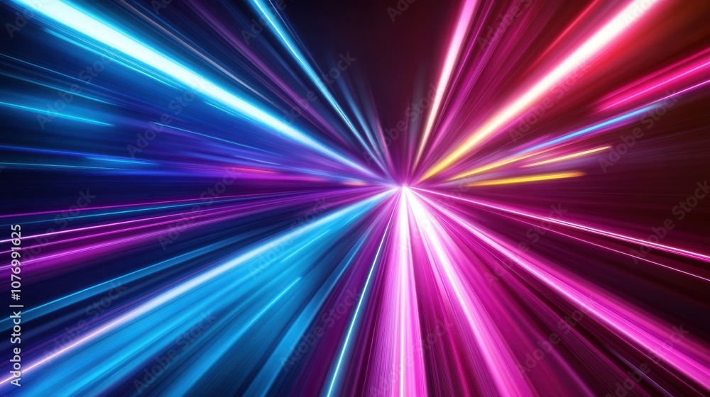 Poster neon motion streaks, vibrant abstract lines swirl in dynamic patterns, illuminated by distant racing
