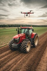 Fototapeta premium Vibrant Red Tractor with Drone Surveying Lush Field, Modern Precision Farming Concept, Agricultural Technology in Action