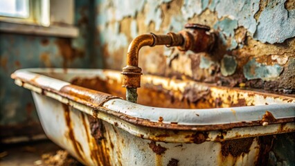 Fototapeta premium A rusty porcelain sink with a corroded faucet, showcasing the ravages of time and neglect