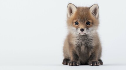 Obraz premium Cute Young Fox Kit with Adorable Features Sitting on Light Background, Perfect for Wildlife, Animal Lover, or Nature-Themed Projects and Designs