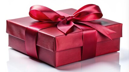Obraz premium A beautifully wrapped crimson gift box with a large satin bow, resting on a white surface, reflecting the light and creating a soft glow.