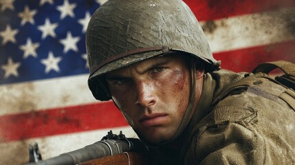 Obraz premium Gritty War Veteran Close-Up Portrait with Faded American Flag Background - Intense Patriotic Tribute Concept