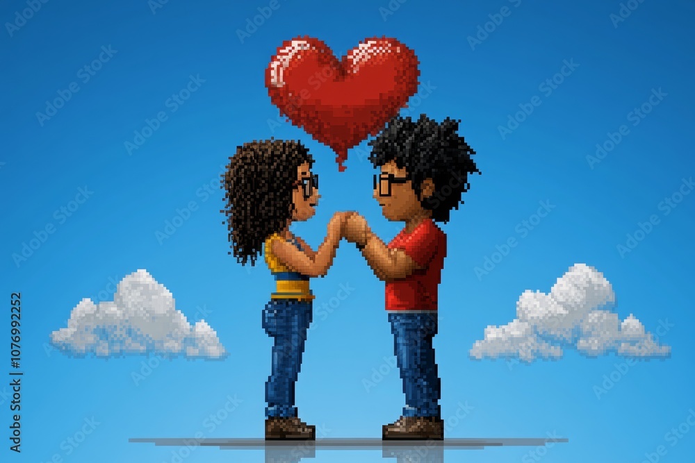 Poster a pixel art kiss between two characters with cute, blocky features, in retro game style against a si