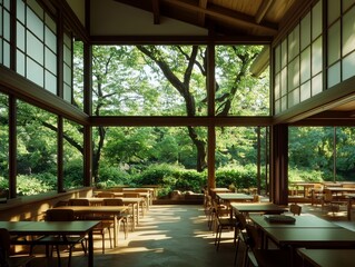 Fototapeta premium Serenity of Nature Tranquil Indoor Space with Greenery Views, Minimalist Design Tables and Chairs in Warm Wood and Soft Light - Ideal for Interior Design Inspiration