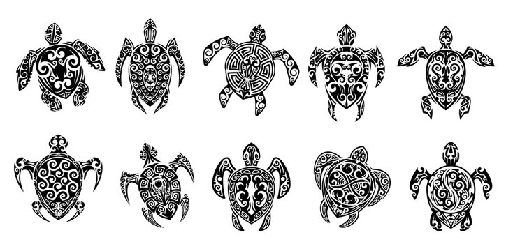 Maori tribal turtle reptile animal tattoo. Mayan Aztec totem signs represent longevity, wisdom and stability. Isolated vector black tortoise sacral symbolic, ornate, and symmetrical tribal art motifs