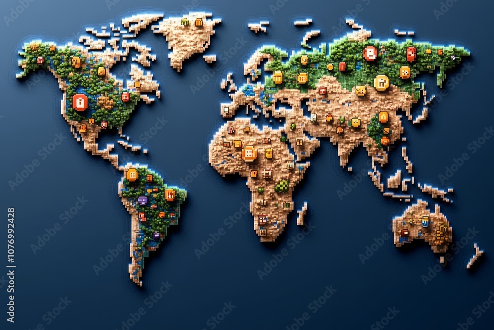 Poster a pixel art world map with small, colorful icons marking continents and countries, styled like a ret
