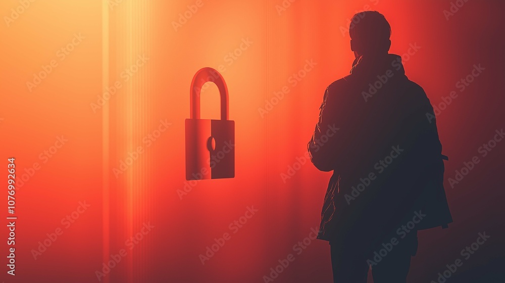 Poster person standing in front of a large visual lock symbolizing security and protection in a mysterious 