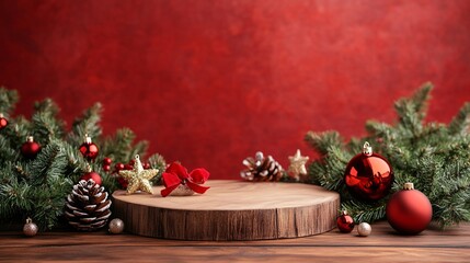 Fototapeta premium Christmas decorations forming a frame around a wooden podium on a red background
