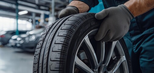 Fototapeta premium Macro View of Mechanic Holding Car Tire with Alloy Wheel Detail in Automotive Workshop - Professional Maintenance Concept