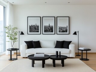 Symmetrical Modern Living Room Interior with White Sofa, Black Details, and City View Window - Elegant Monochrome Decor for Home Design Inspiration and Interior Catalogs