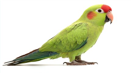 Vibrant Green Parrot with Red Accent on Head Standing Gracefully Against a White Background Captured in a Studio Setting
