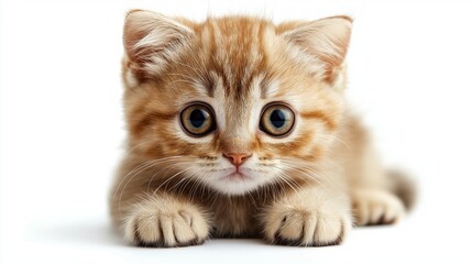Obraz premium Adorable fluffy orange tabby kitten with large expressive eyes posing cutely on a light background, showcasing playful and curious nature for pet lovers and ideal for stock photography.