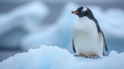 Obraz premium A lone gentoo penguin stands atop an iceberg in a vast, frozen landscape, symbolizing the isolation the Antarctic environment