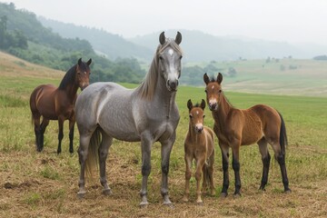 Obraz premium Serenity in Symmetry Majestic Horses Grazing in Tranquil Meadow Under Hazy Sky Peaceful Equine Family Portrait