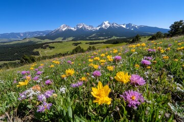 Fototapeta premium Alpine meadow filled with colorful wildflowers and snow-capped peaks in the background