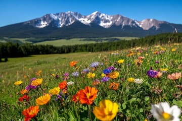 Fototapeta premium Alpine meadow filled with colorful wildflowers and snow-capped peaks in the background