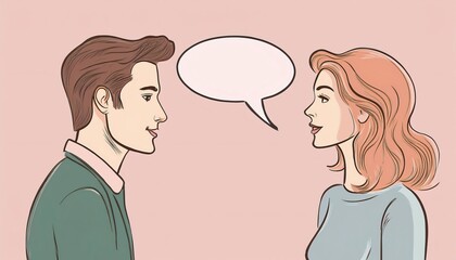 Fototapeta premium Young man and woman are talking, showing good communication with a speech bubble
