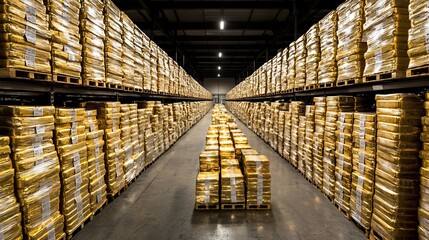 Organized Inventory Warehouse Interior with Evenly Spaced Product Rows Awaiting Distribution