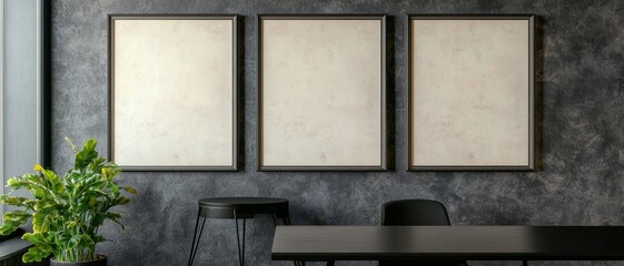 Elegant Symmetry Minimalist Black and Gold Frames on Textured Wall with Plant Accents - Interior Design Concept