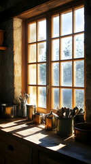 Sunlight streams through a window in a rustic kitchen, illuminating a row of vintage cookware on the window sill.