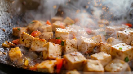 Close up of sizzling crispy fried mixed vegetables in a cast iron skillet with steam rising and a variety of spices and seasonings