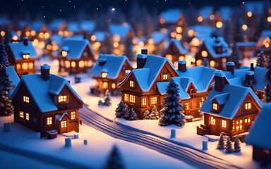 Voxel snow-covered village at night