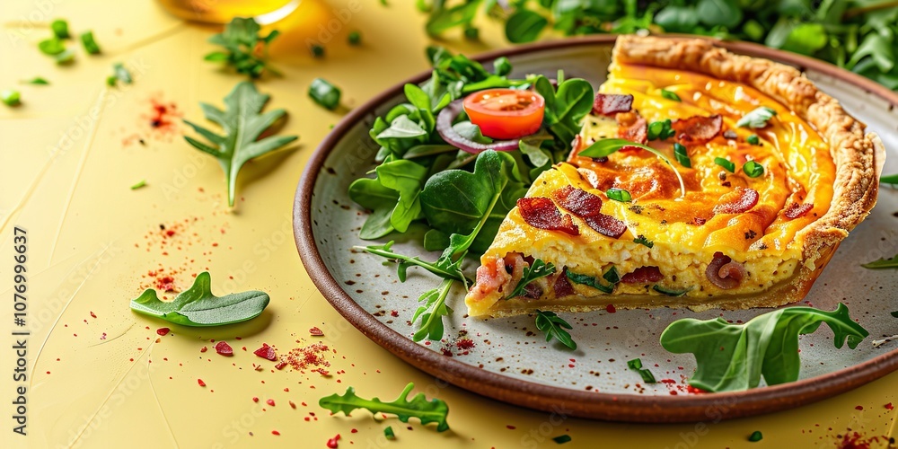 Poster a close-up of a delicious quiche lorraine with bacon and cheese with salad on a spotless dish agains