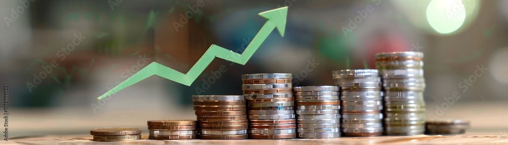 Poster growth in financial investment represented by stacked coins and an upward arrow illustrating economi
